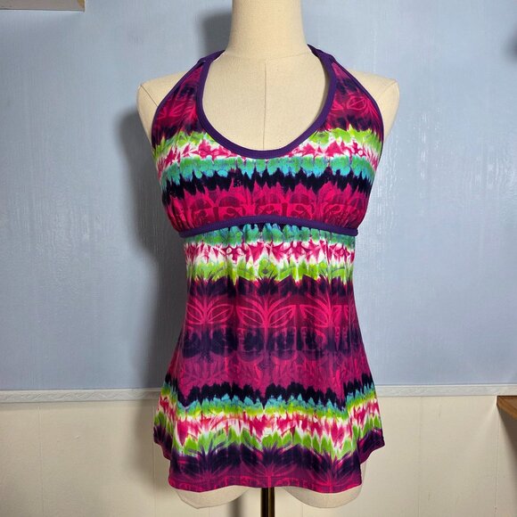 Athleta LT Pink Green Striped Floral Halter Tie Open Back Bathing Suit Top - Picture 1 of 10